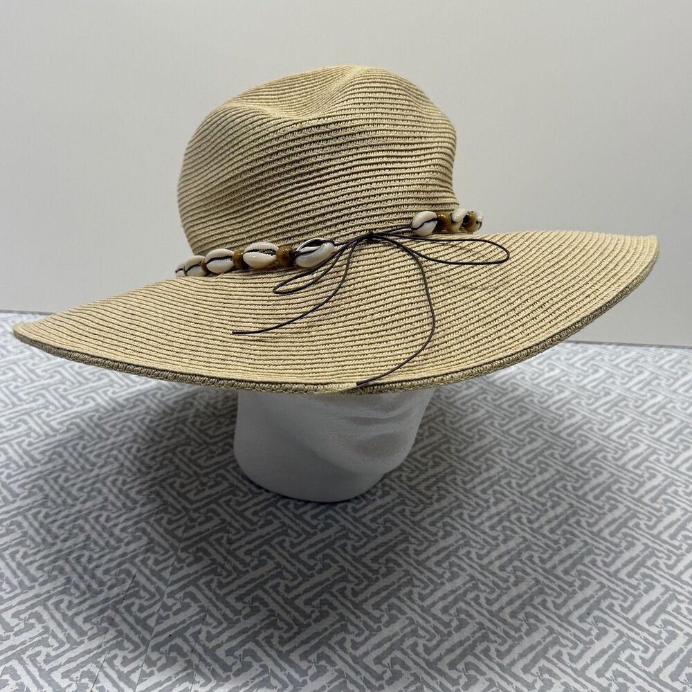 Ubi Women’s Wide Brim Straw Sun Hat Tan Summer Beach Coastal Cowrie Shell Bow OS